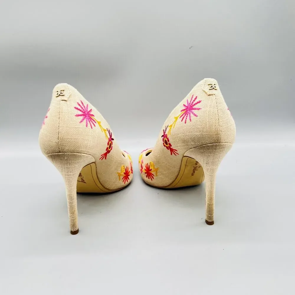 Sam Edelman Shoes Womens 8.5 Beige Hazel Linen Floral Embroidered Stiletto Pumps